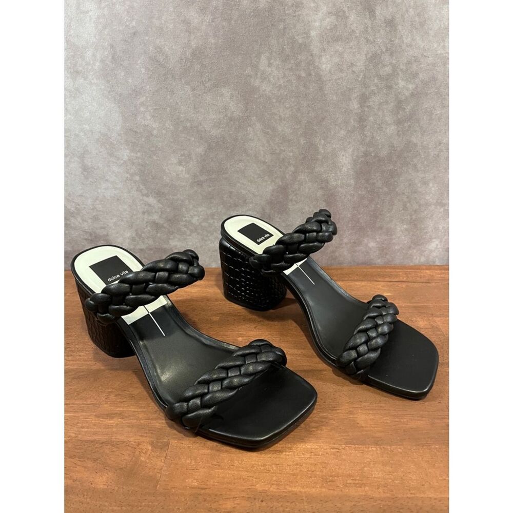 Dolce Vita Nancie Black Braided Strap Block Crocodile Heel Sandals size 9.5